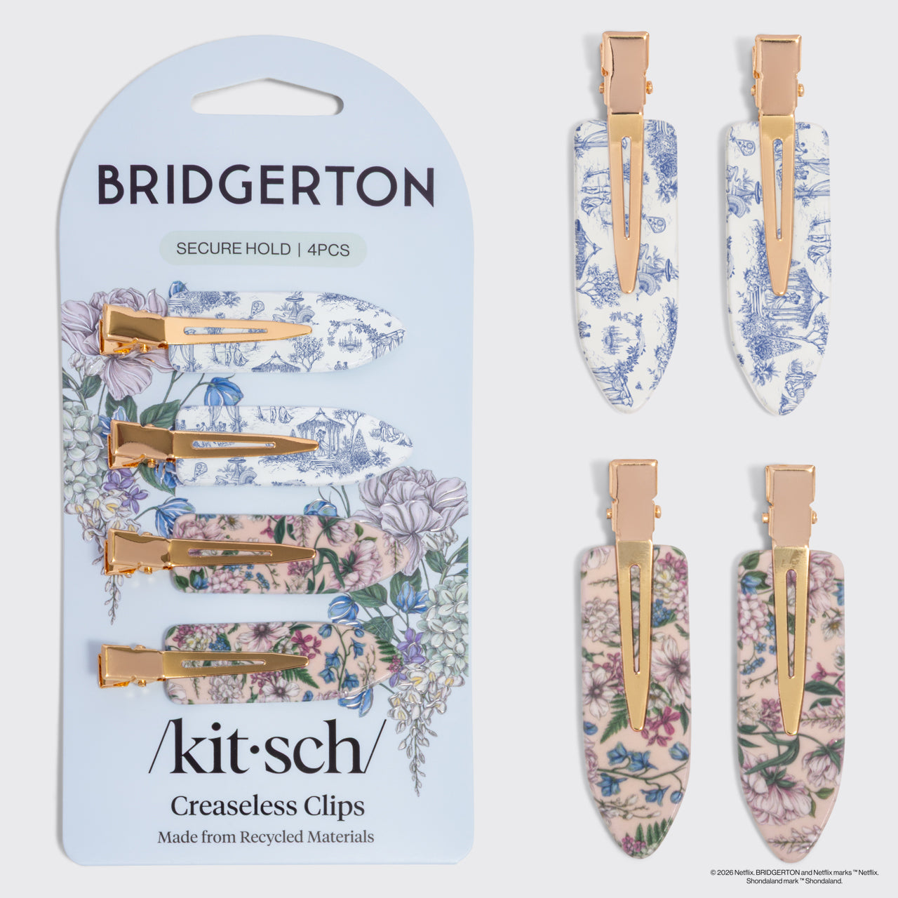 508900-BridgertonxKitsch-RecycledPlasticCreaselessClips-4pc-ToileInBloom-hero-1280x1280px.jpg